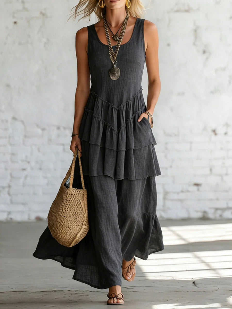Women's Cotton Linen Sleeveless Loose Maxi Dress Black