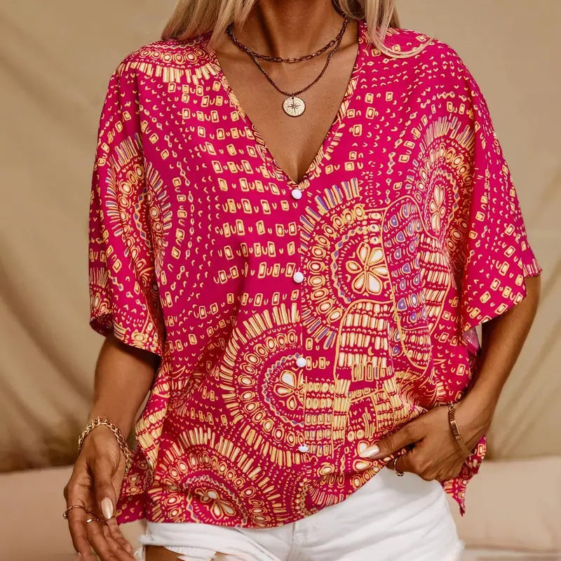 Mandala Print V-Neck Blouse – Casual Vacation Top Red