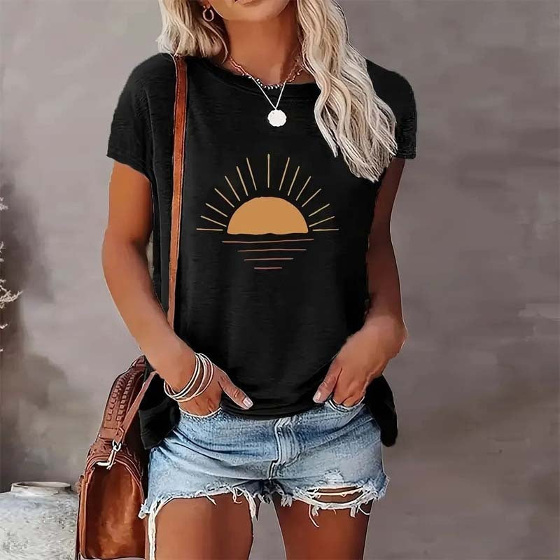 Sunrise Print Round Neck T-Shirt Black