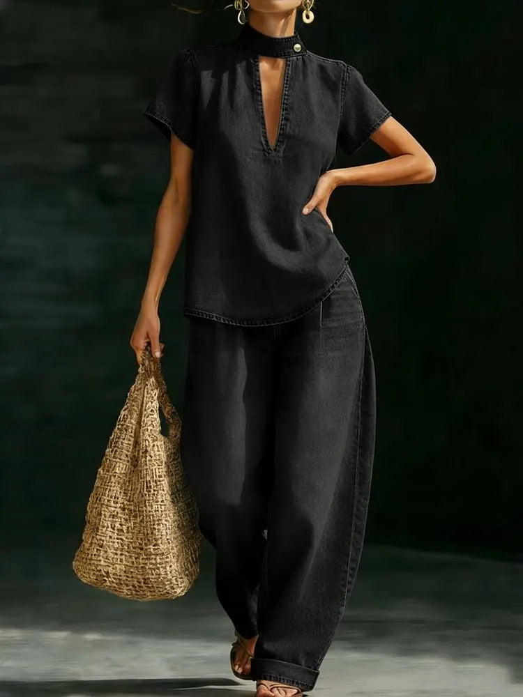 Faux Denim Two-Piece Set – Loose-Fit Short-Sleeve & Pants Black
