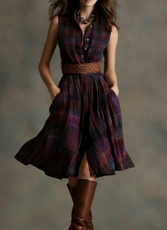 Women's Plaid Collared Sleeveless Fitted Waist Dress Purple (No belt)