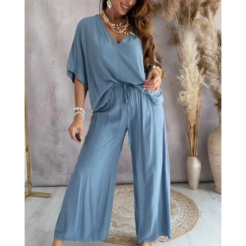 Women’s Lounge Set with Wide Leg Pant Blue