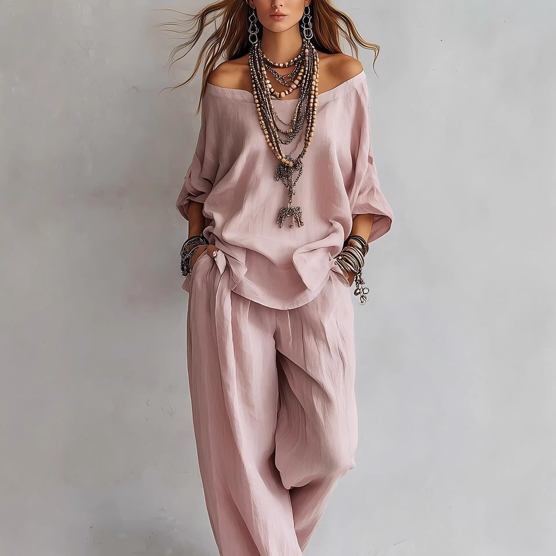 Chiffon Puff-Sleeve Top & Wide-Leg Pants Set – 15 Colors Pink