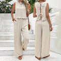 Elegant 2-Piece Matching Set, Sleeveless Crop Top And Wide Leg Pants Outfits Beige