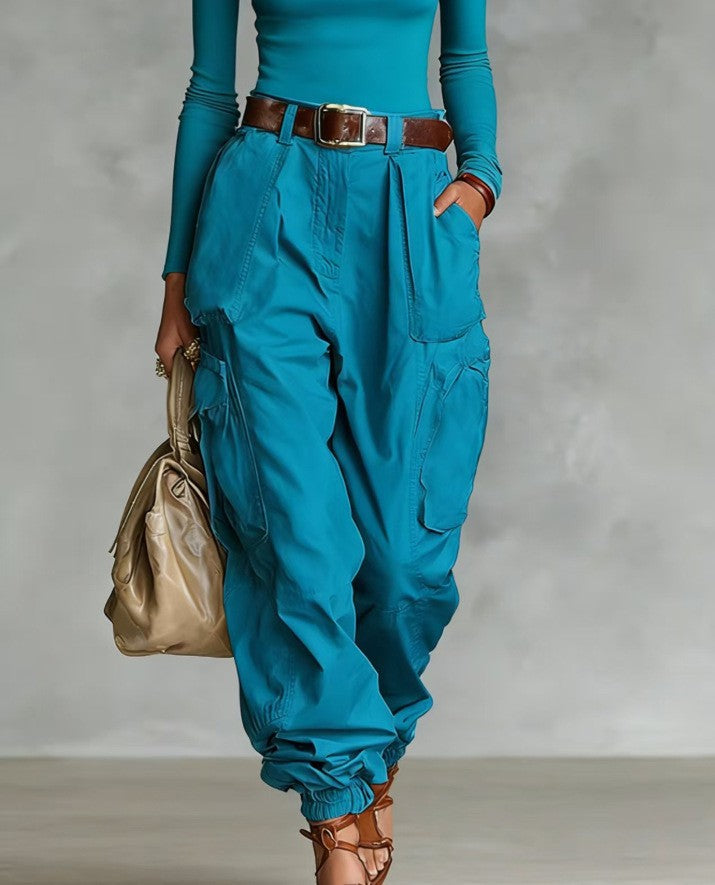 Women’s High-Waist Loose Fit Wide-Leg Casual Trousers Peacock Blue