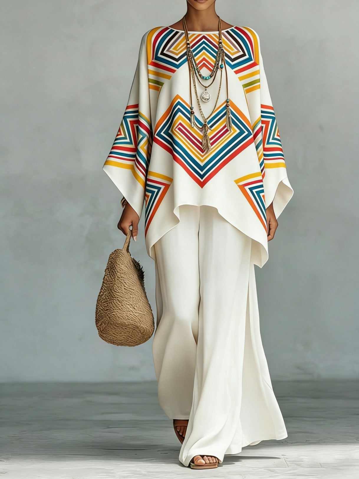 Women’s Printed Crew Neck Long Sleeve Two Piece Set Rhombus