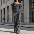 Women's Long-Sleeve Pullover Top & Loose Pants Set – Casual 2-Piece Outfit Dark Gray