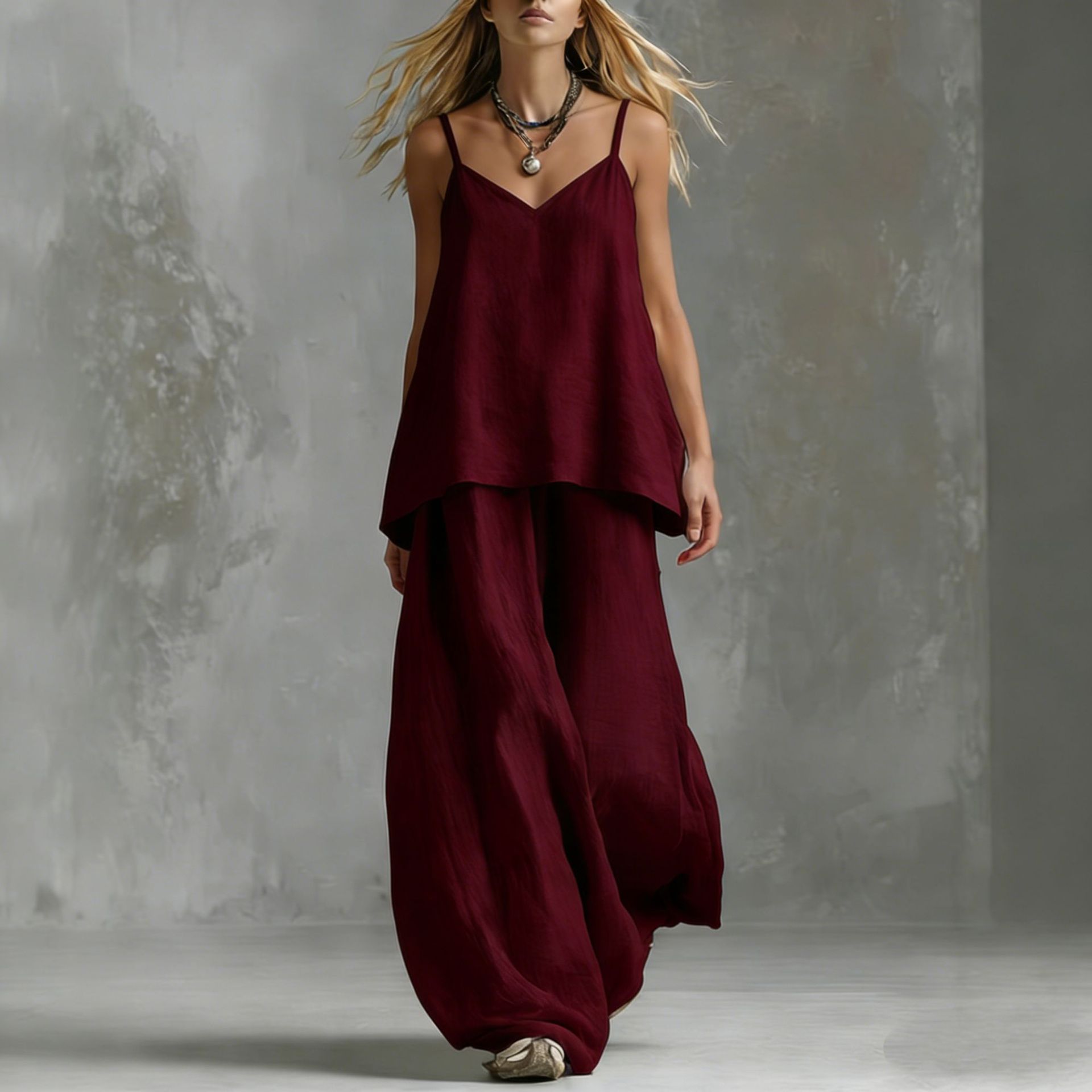 Women's Sleeveless Elegant Pantsuit – Off-Shoulder 2-Piece Suit Set Wine Red