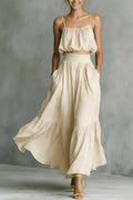 Women’s Two-Piece Flared Skirt Set – High-Waist Elegant Outfit Apricot