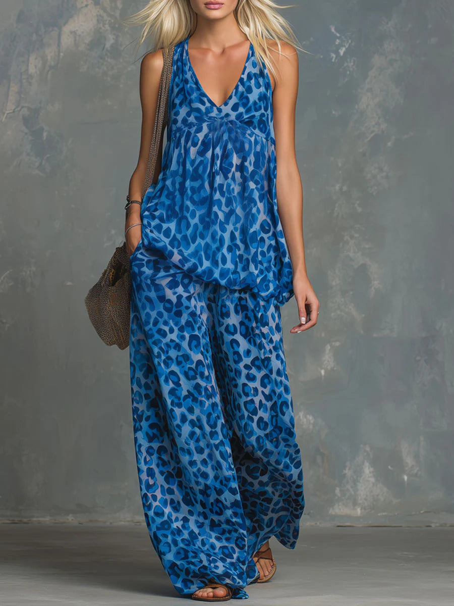 Women’s Leopard Print Sleeveless Top and Chiffon Pants Set Blue