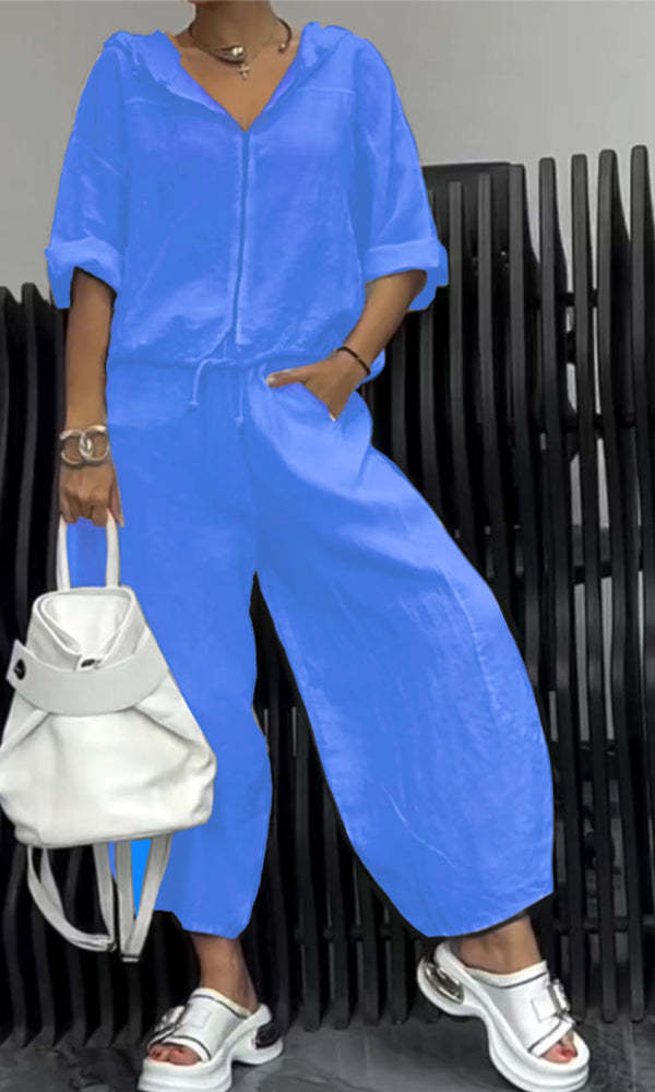 Women’s Cotton Linen Long Sleeve Top and Pants Set Blue