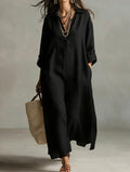 Women's Casual Long-Sleeve Linen Shirt Dress – Relaxed Fit Black