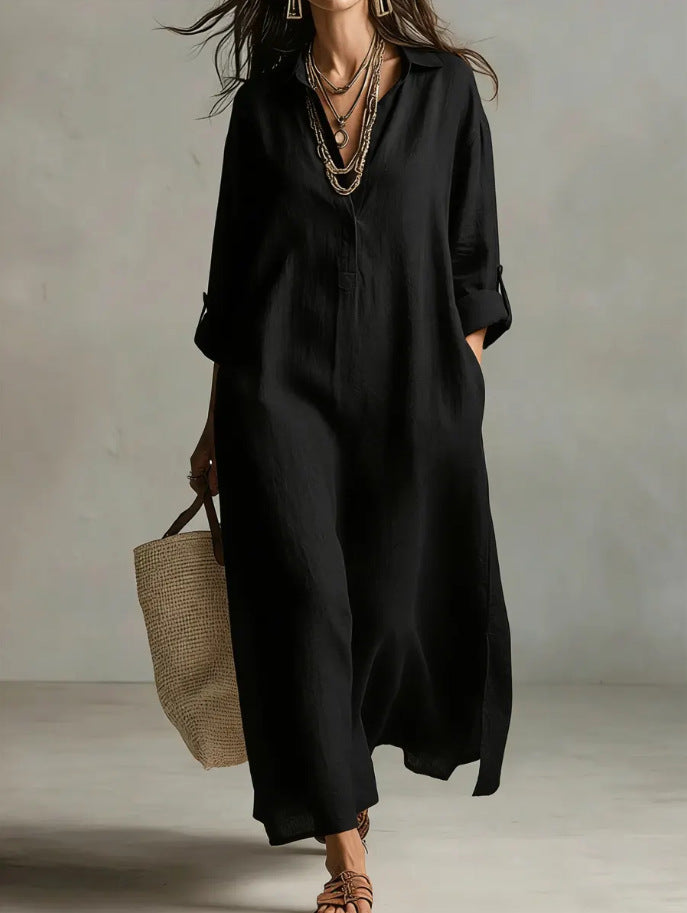 Women's Casual Long-Sleeve Linen Shirt Dress – Relaxed Fit Black