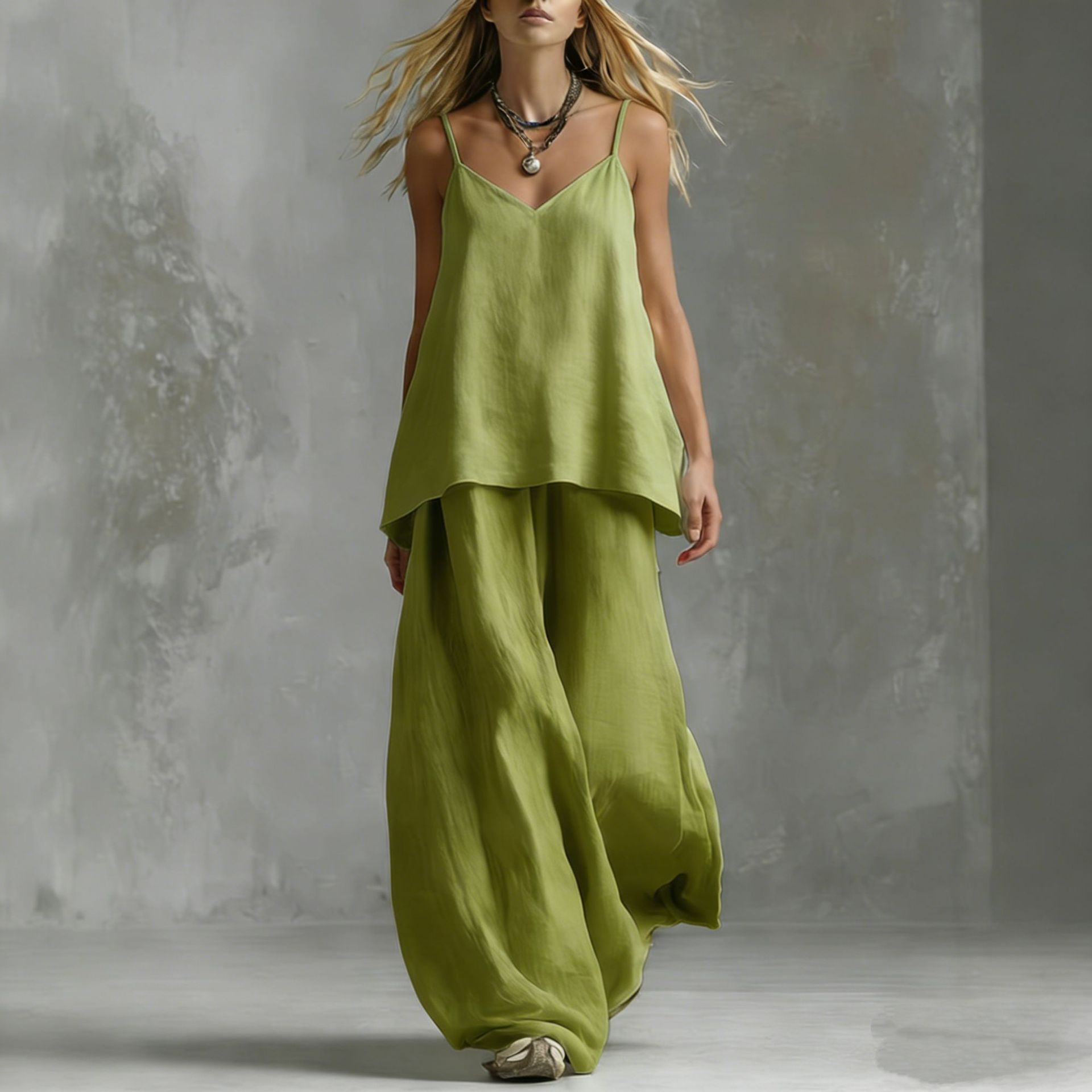 Women's Sleeveless Elegant Pantsuit – Off-Shoulder 2-Piece Suit Set Yellow Green