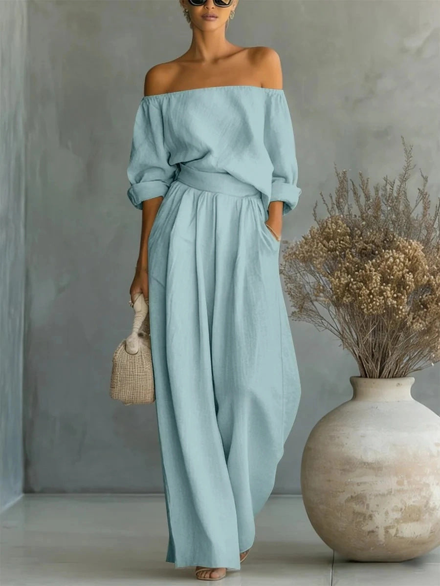 Women's Off-Shoulder Long-Sleeve Top & Wide-Leg Pants Two-Piece Set Sky Blue