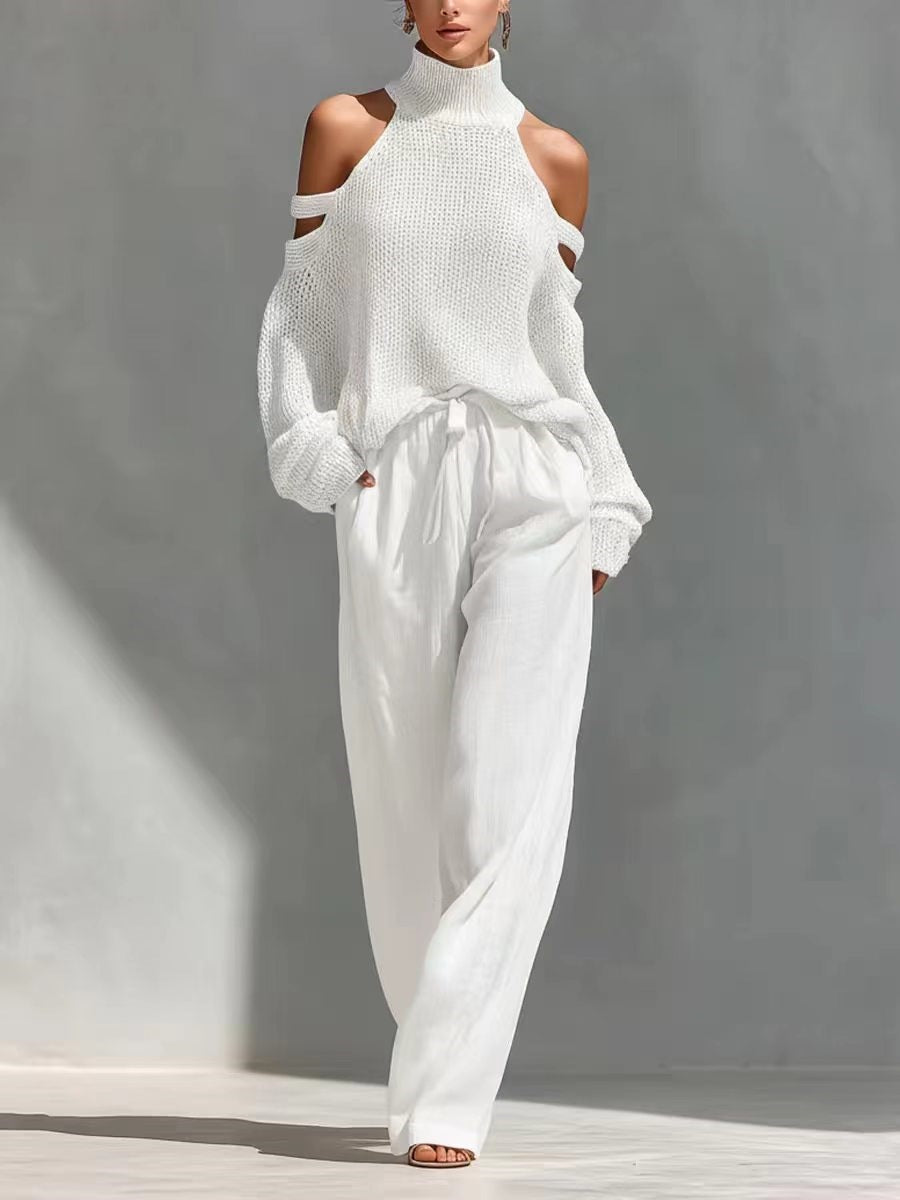 Women's Long-Sleeve Turtleneck Top & Pants Set – Elegant 2-Piece White