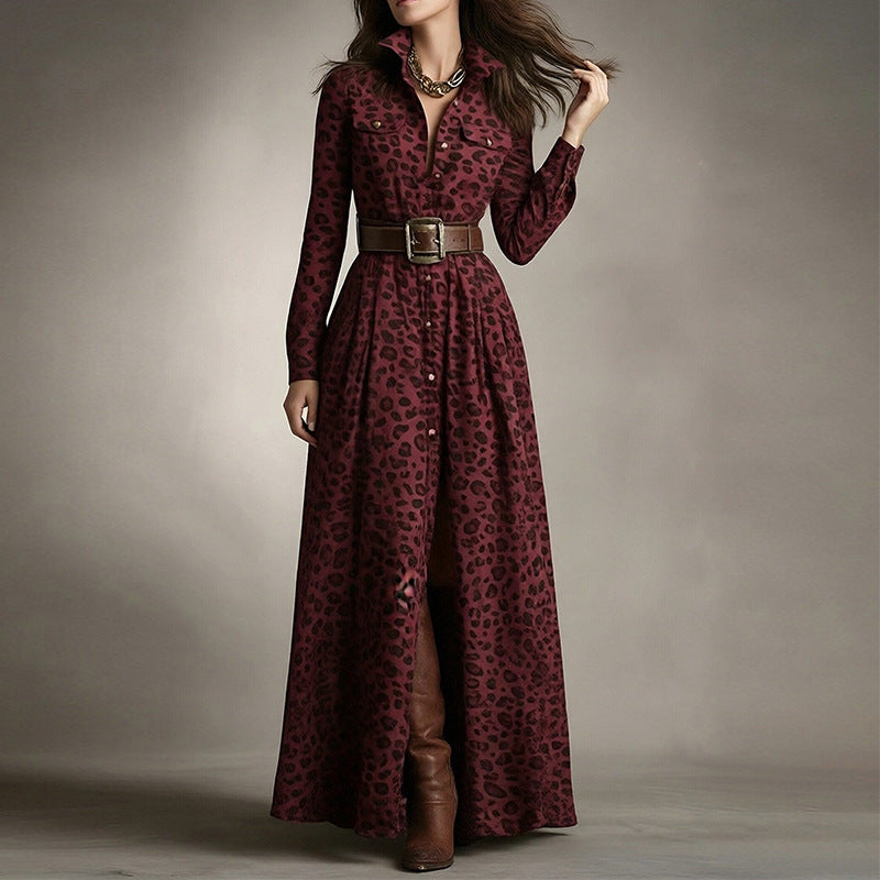 Women's Printed Lapel Slim-Fit Dress – Elegant Commuter Style Red Leopard Print