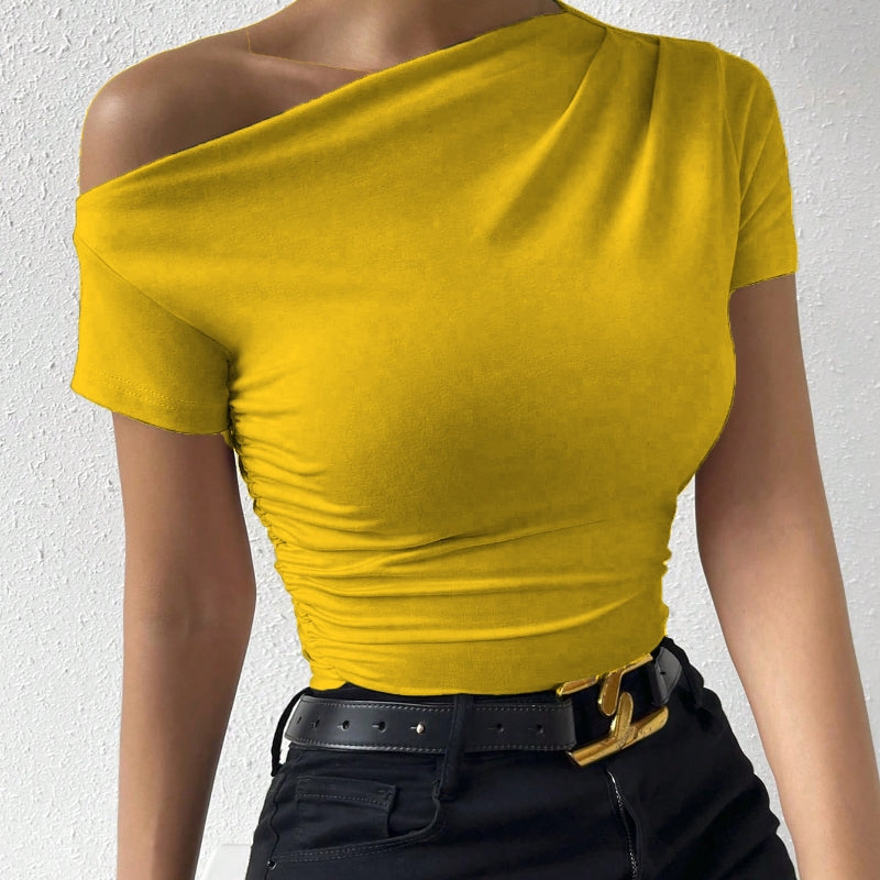 Women’s Y2K Ruched One-Shoulder Summer Top – Slim Fit Asymmetrical Shirt Yellow
