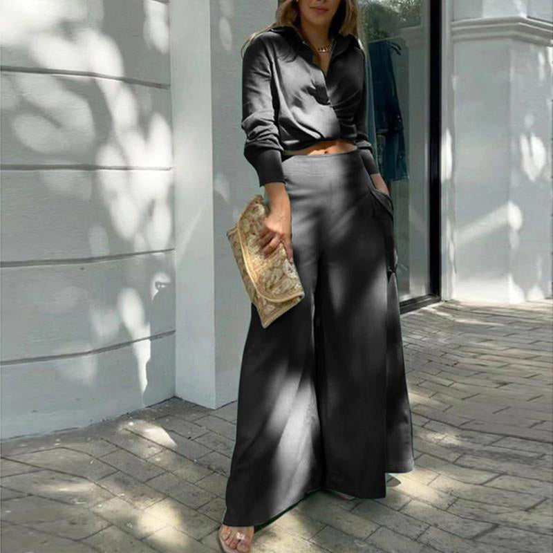 Women's Plus Size Wide Leg Elegant Pant Set Black