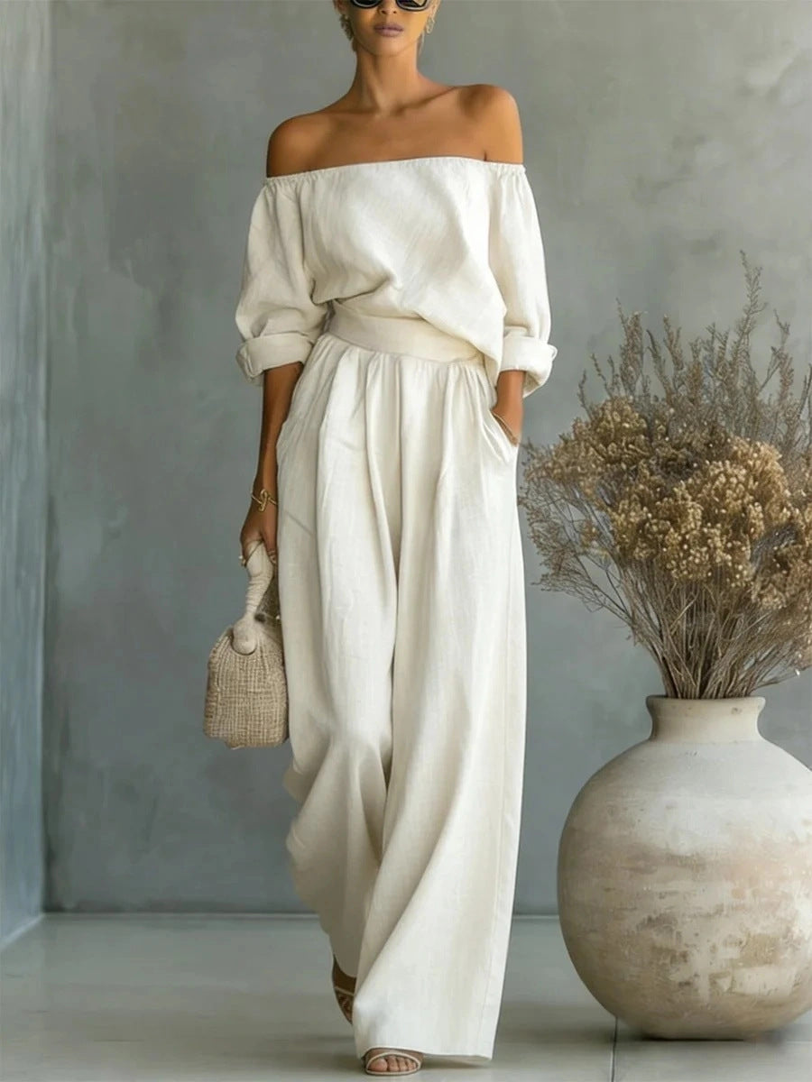 Women's Off-Shoulder Long-Sleeve Top & Wide-Leg Pants Two-Piece Set Ivory White