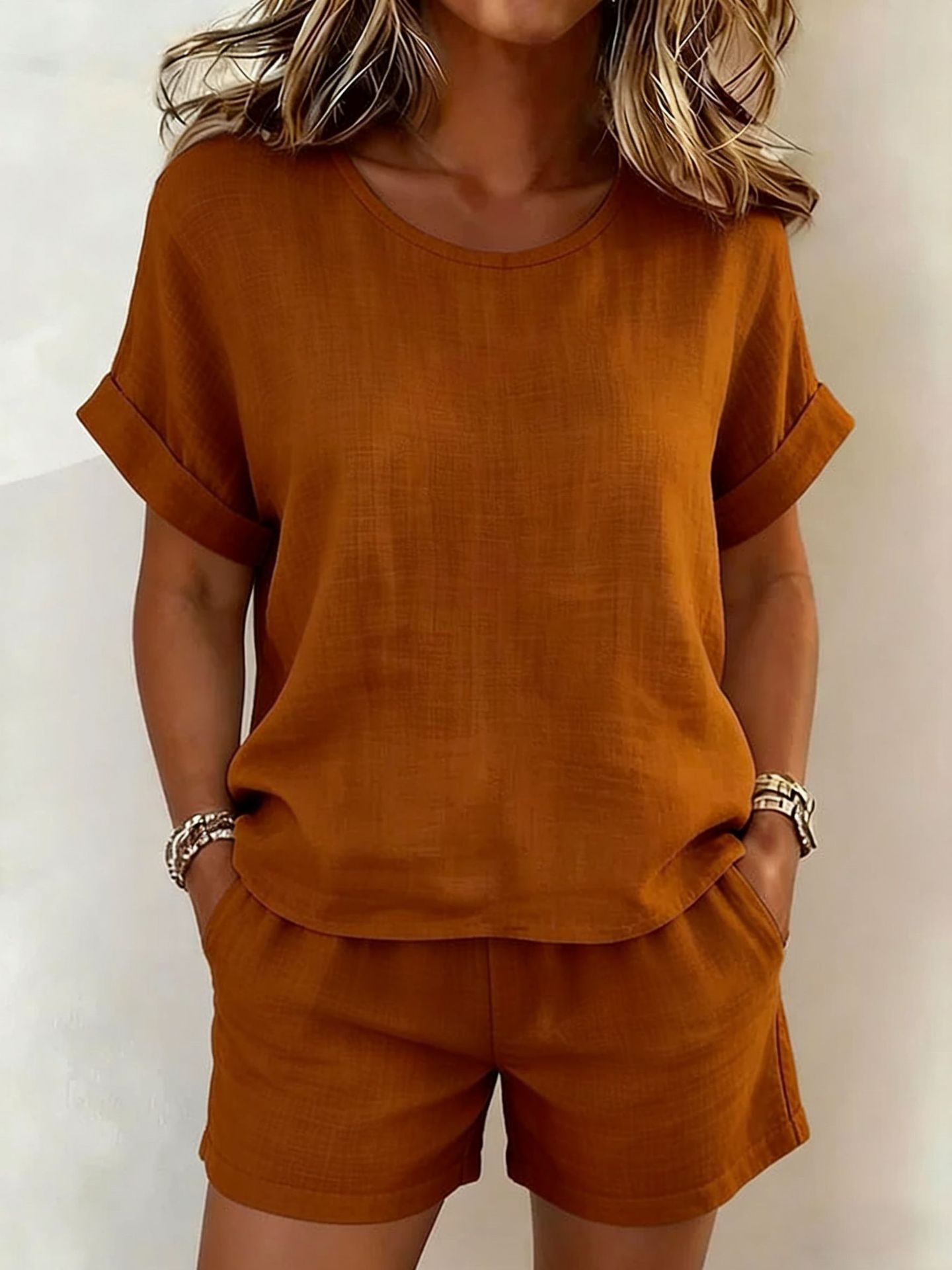 Solid-Color T-Shirt & Shorts Set – Cotton Linen, 10 Colors Light Brown