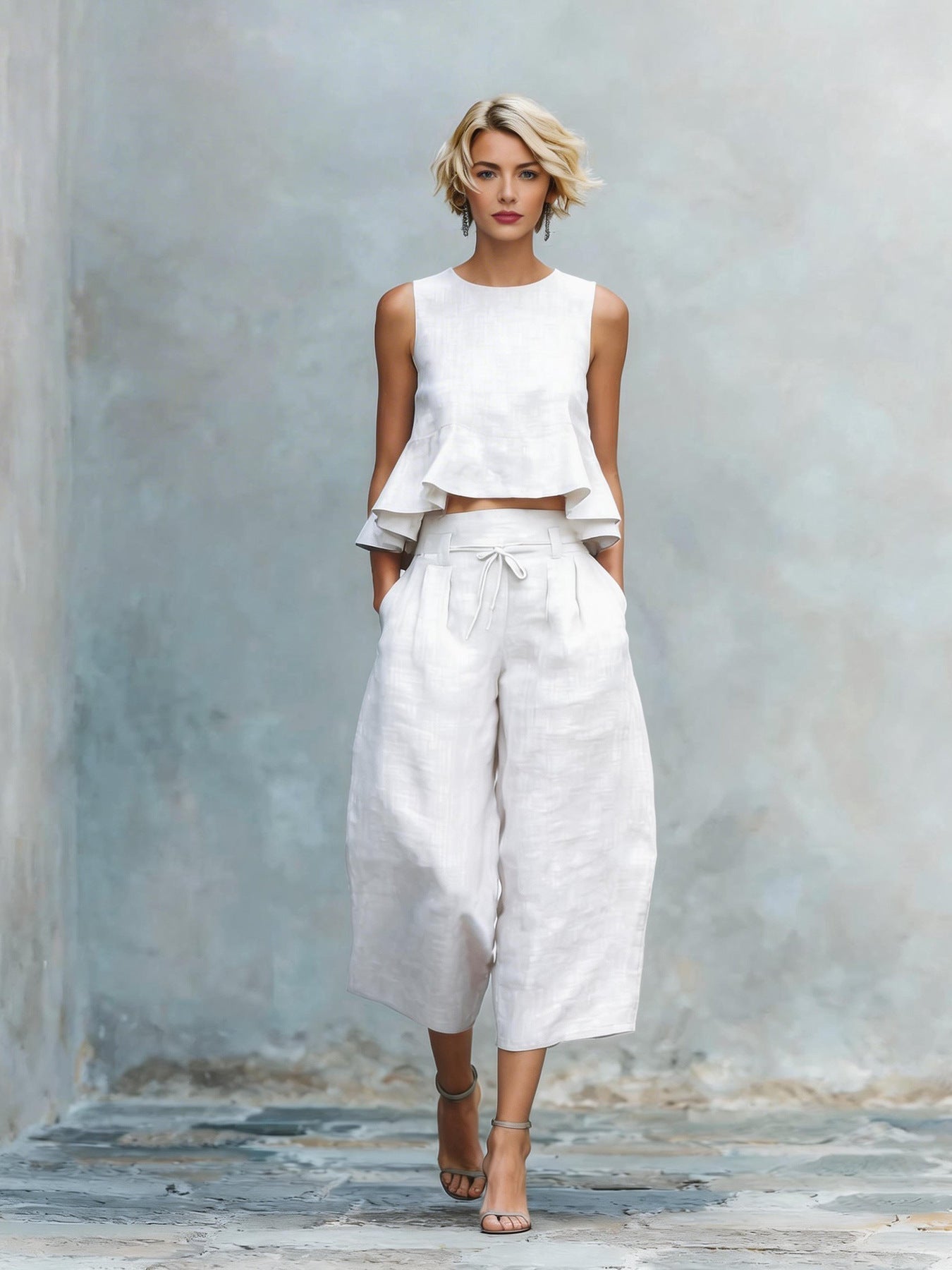 Women’s Linen-Blend Sleeveless Two Piece Set with Ruffled Detailing White