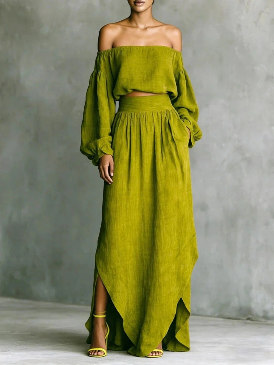 Off-Shoulder Top & Asymmetrical Maxi Skirt Set – Women's 2-Piece Outfit Green