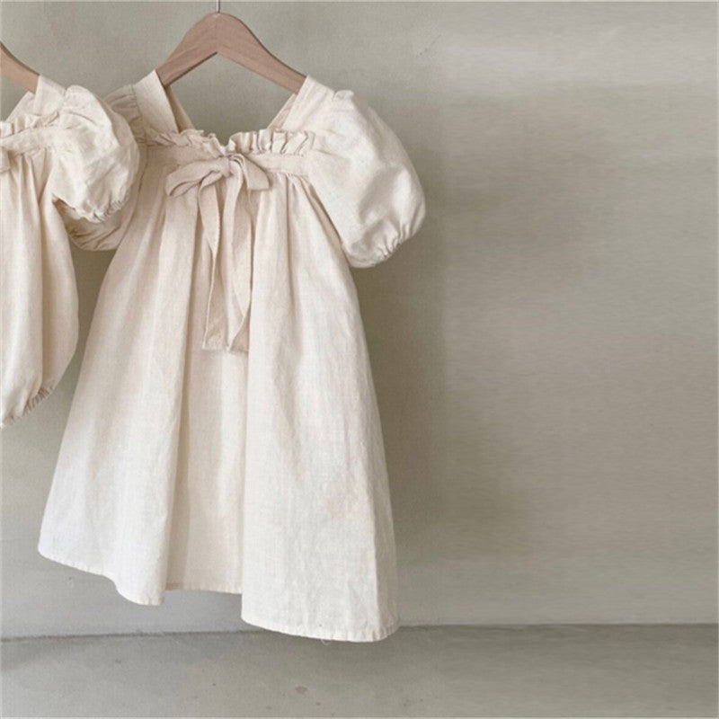 Girls Bow Bubble Sleeve Floral Square Neck Dress Apricot