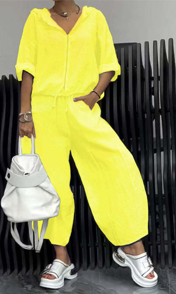 Women’s Cotton Linen Long Sleeve Top and Pants Set Yellow