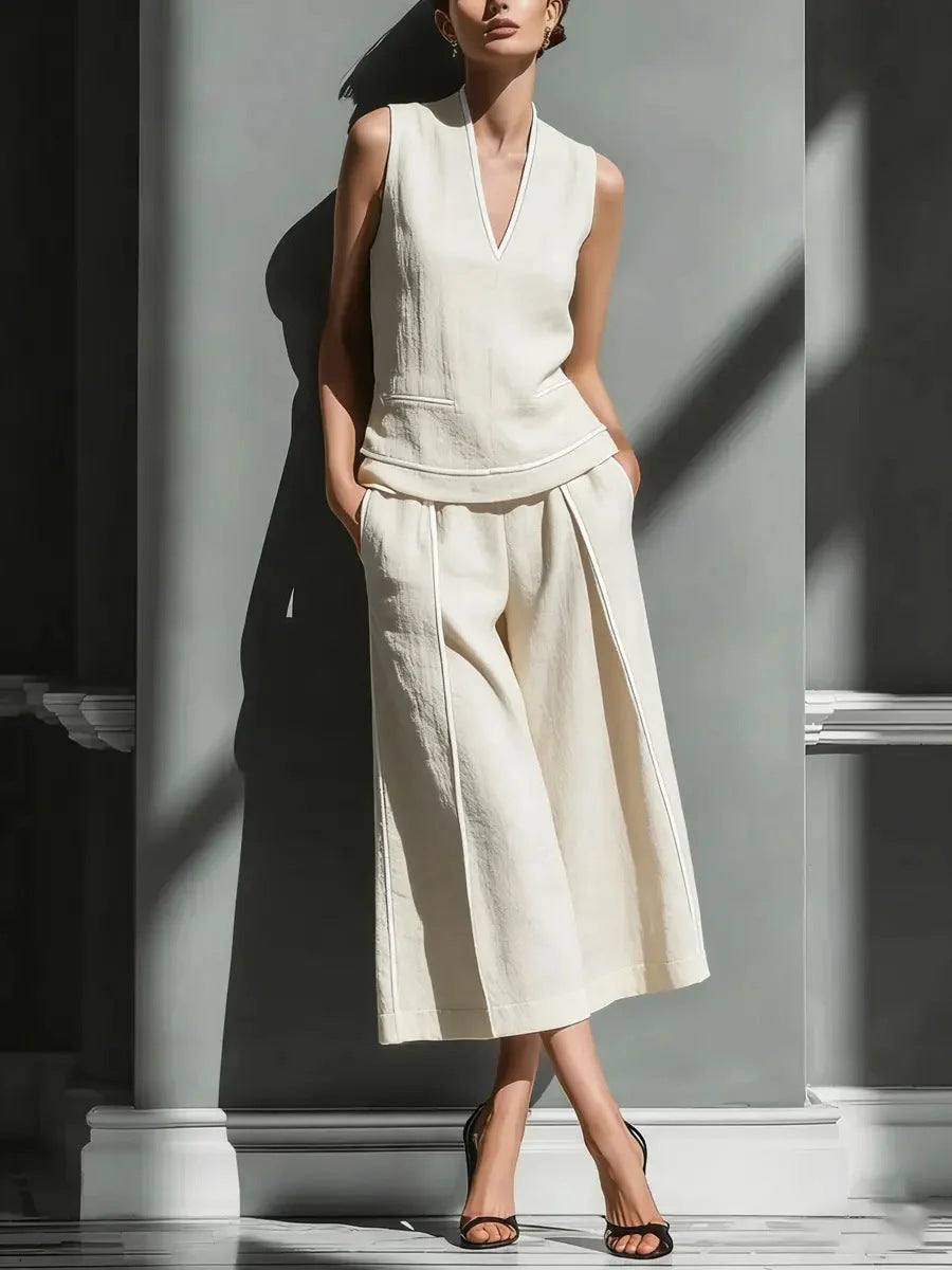 Women's Sleeveless Linen Shirt & Cropped Pants Set – Casual 2-Piece Outfit Beige
