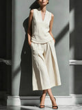 Women's Sleeveless Linen Shirt & Cropped Pants Set – Casual 2-Piece Outfit Beige