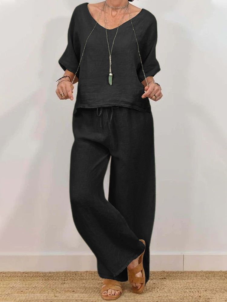 Women’s Multi Color Two Piece Set V Neck Top & Pants Black