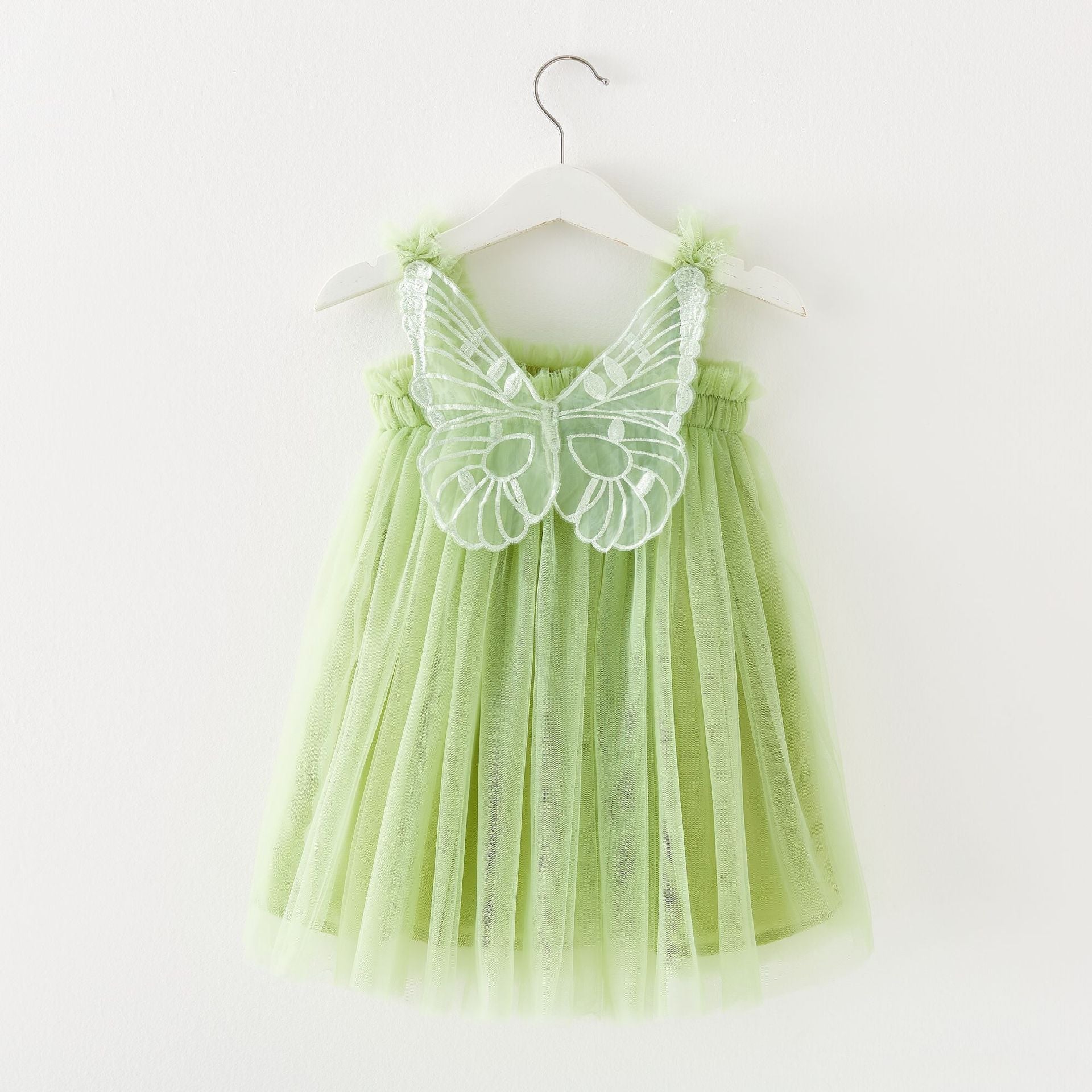 Children's Mesh Dress Sling Birthday Dress Pettiskirt Three-dimensional Angel Wings Fairy Fashionable Skirt Avocado Green