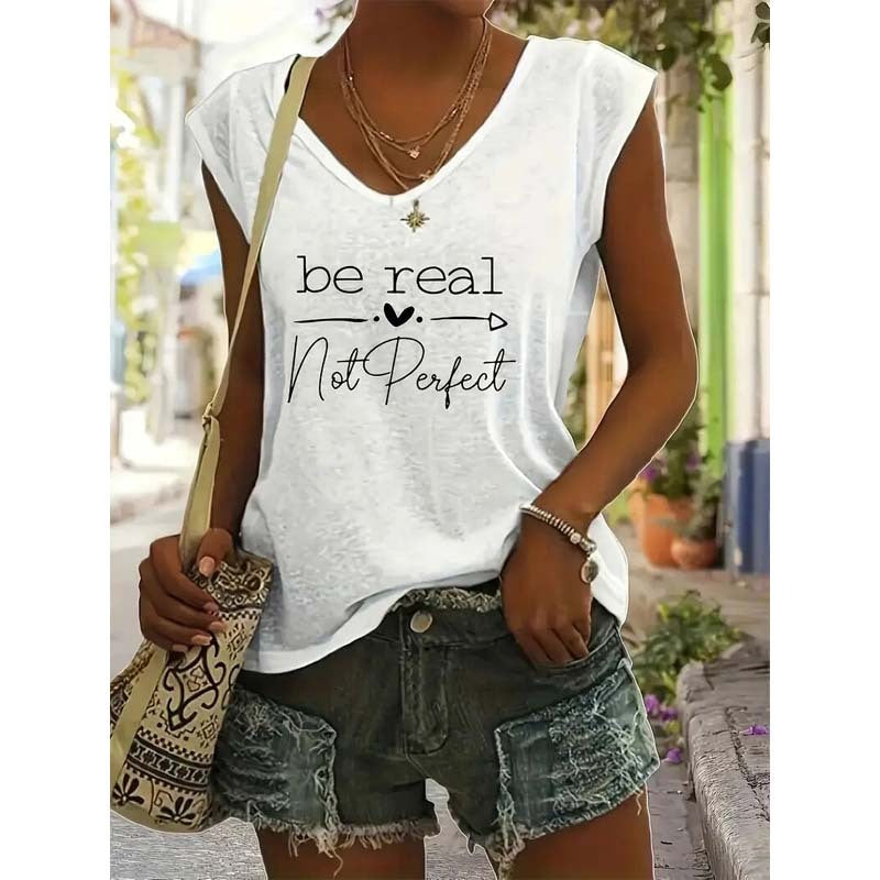 Women's V-Neck Slogan Print Short Sleeve T-Shirt Casual Comfort Top For Summer White