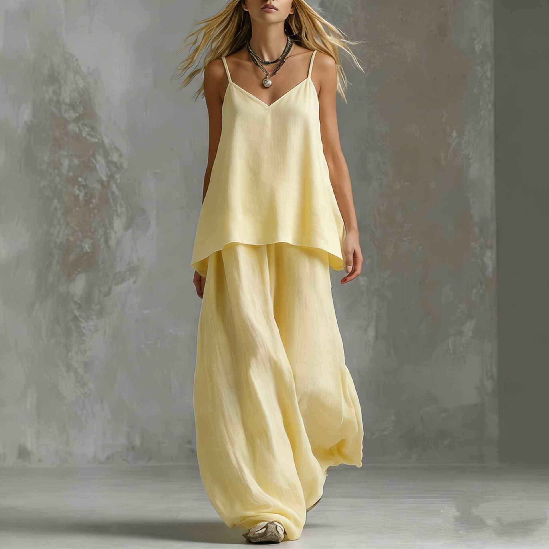 Women's Sleeveless Elegant Pantsuit – Off-Shoulder 2-Piece Suit Set Light Yellow