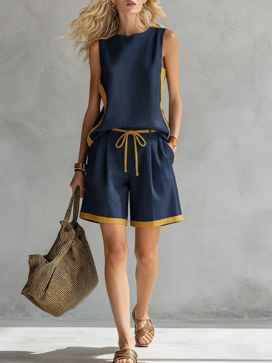 Solid Color Loose Casual Vest and Shorts Set Navy Blue