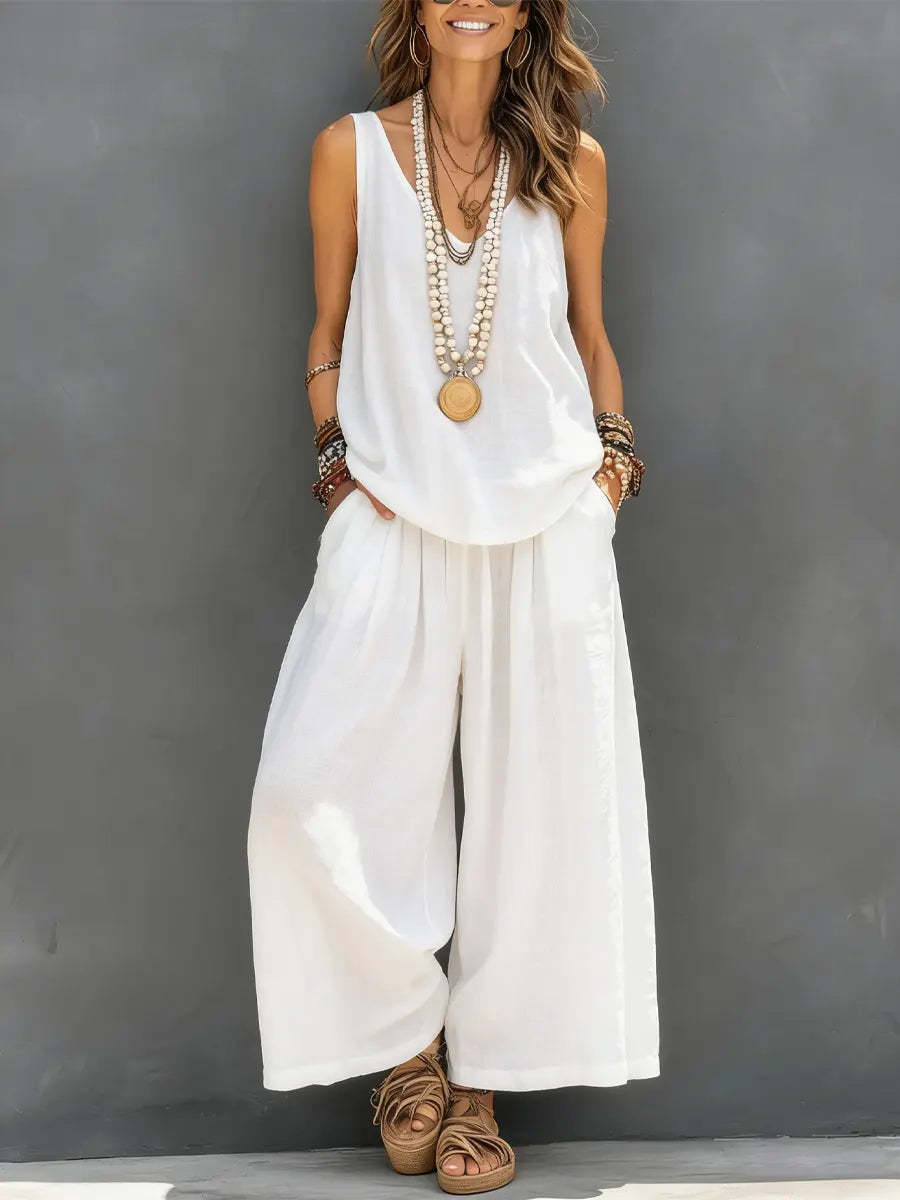Women’s Cotton Linen Sleeveless Tank Top and Wide-Leg Pants Set White