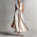 Women's Patchwork Cardigan & Wide Leg Pants Set | Colorblock Linen White