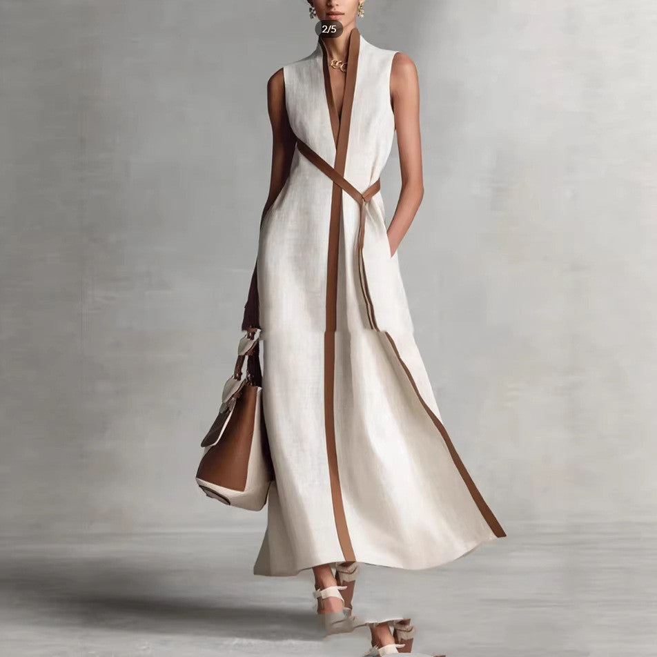 Women's Patchwork Cardigan & Wide Leg Pants Set | Colorblock Linen White