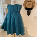 Girls' Summer Green Mesh Stitching Sleeveless Lace Vest Dress Green