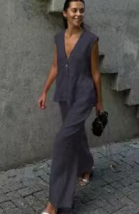 Women’s Cotton V-Neck Sleeveless Vest and Wide-Leg Pants Set Dark Gray