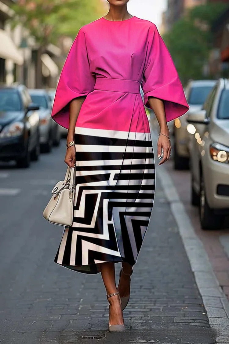 Geometric Print Batwing Sleeve Flowy Maxi Dress – 12 Styles, XS–XXXL Style11