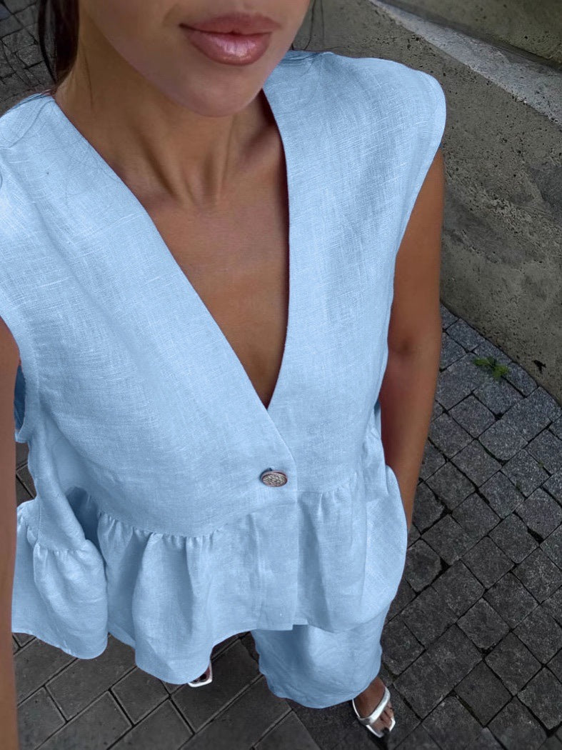 Women’s Cotton V-Neck Sleeveless Vest and Wide-Leg Pants Set Blue