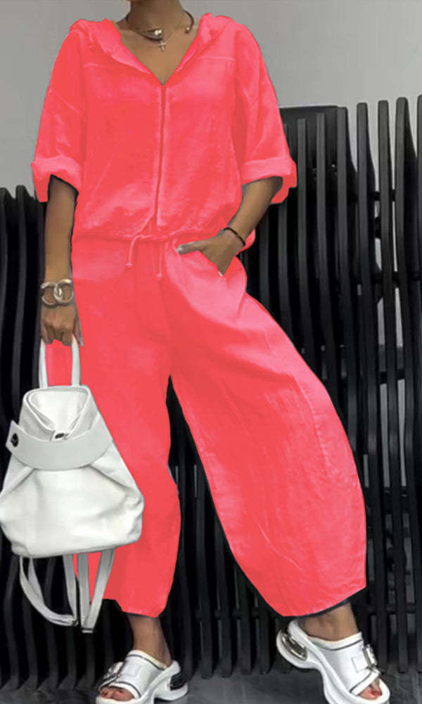 Women’s Cotton Linen Long Sleeve Top and Pants Set Red