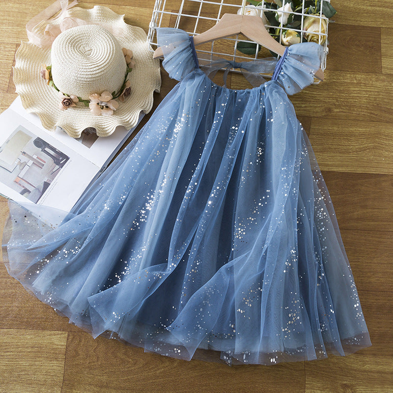 Girls' Flounced Sleeve Dress Cute Star Mesh Blue