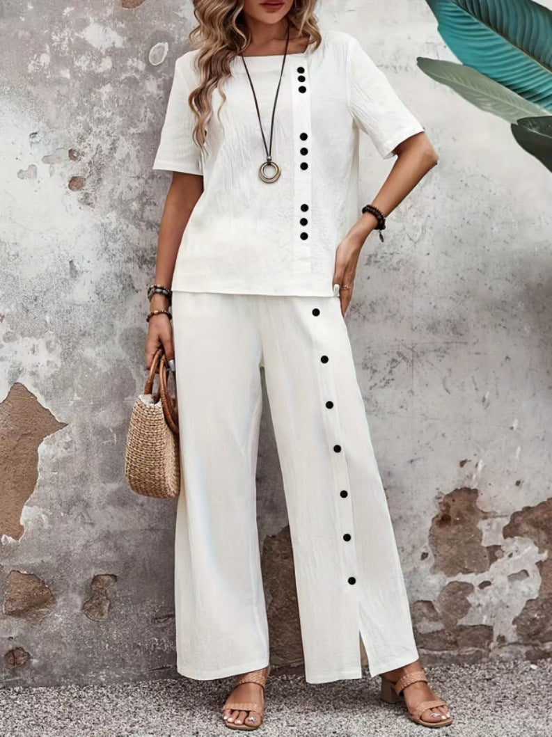 Women’s Button-Up Top and Loose Fit Two Piece Linen Set White