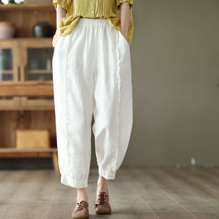 Women's High-Waist Solid-Color Capri Harem Pants White