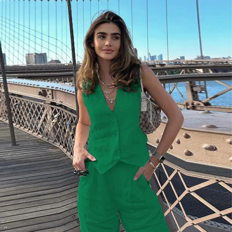 Women’s V‑Neck Button‑Front Vest & High‑Waist Pants Set Green