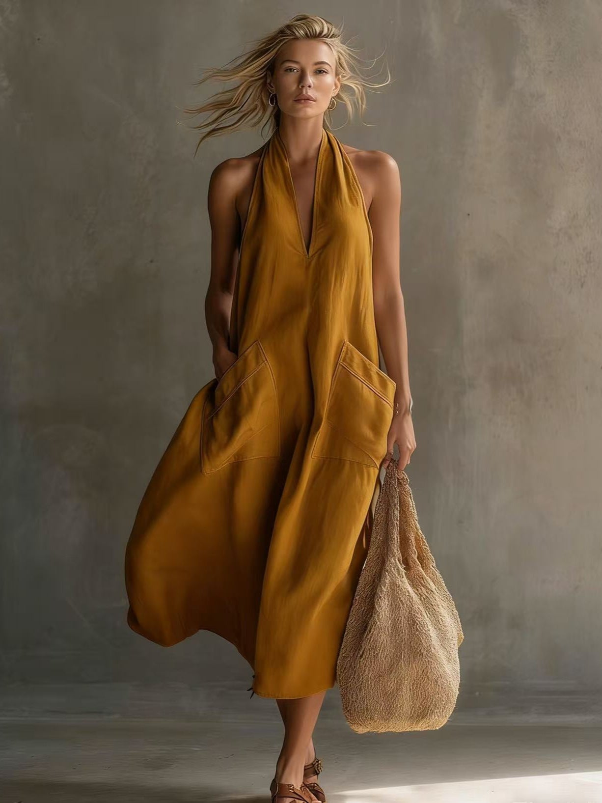 Women's Retro V-Neck Slip Dress – Loose Fit Sleeveless Orange