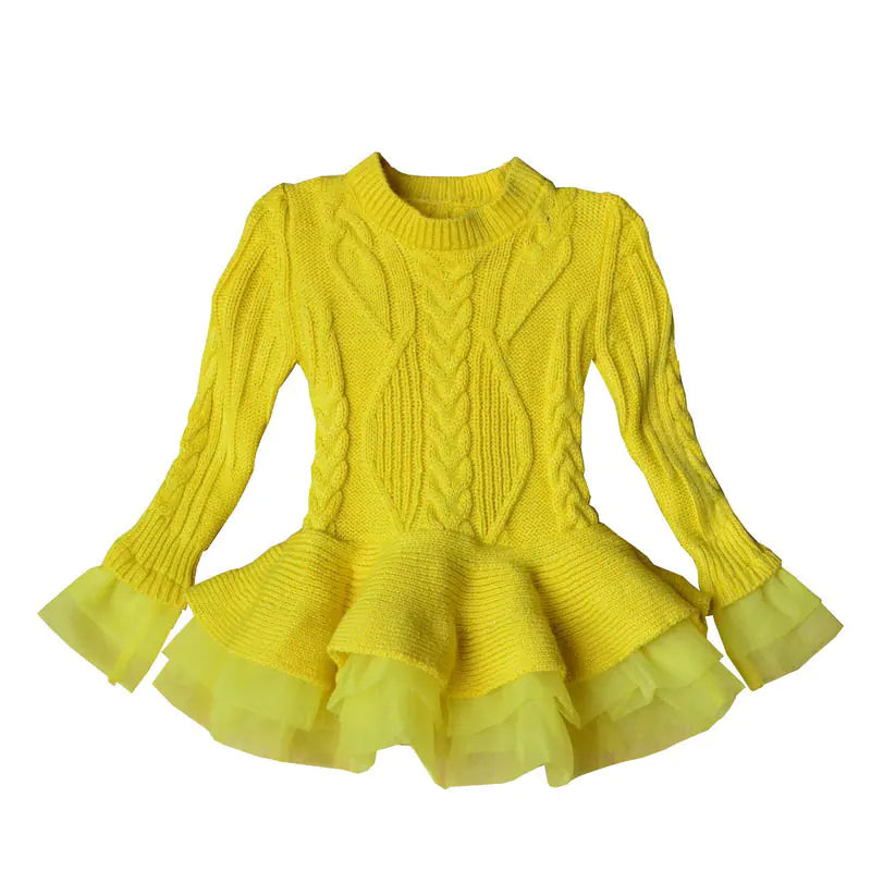 Girls' Sweater Dress Long Sleeve Yellow 120cm